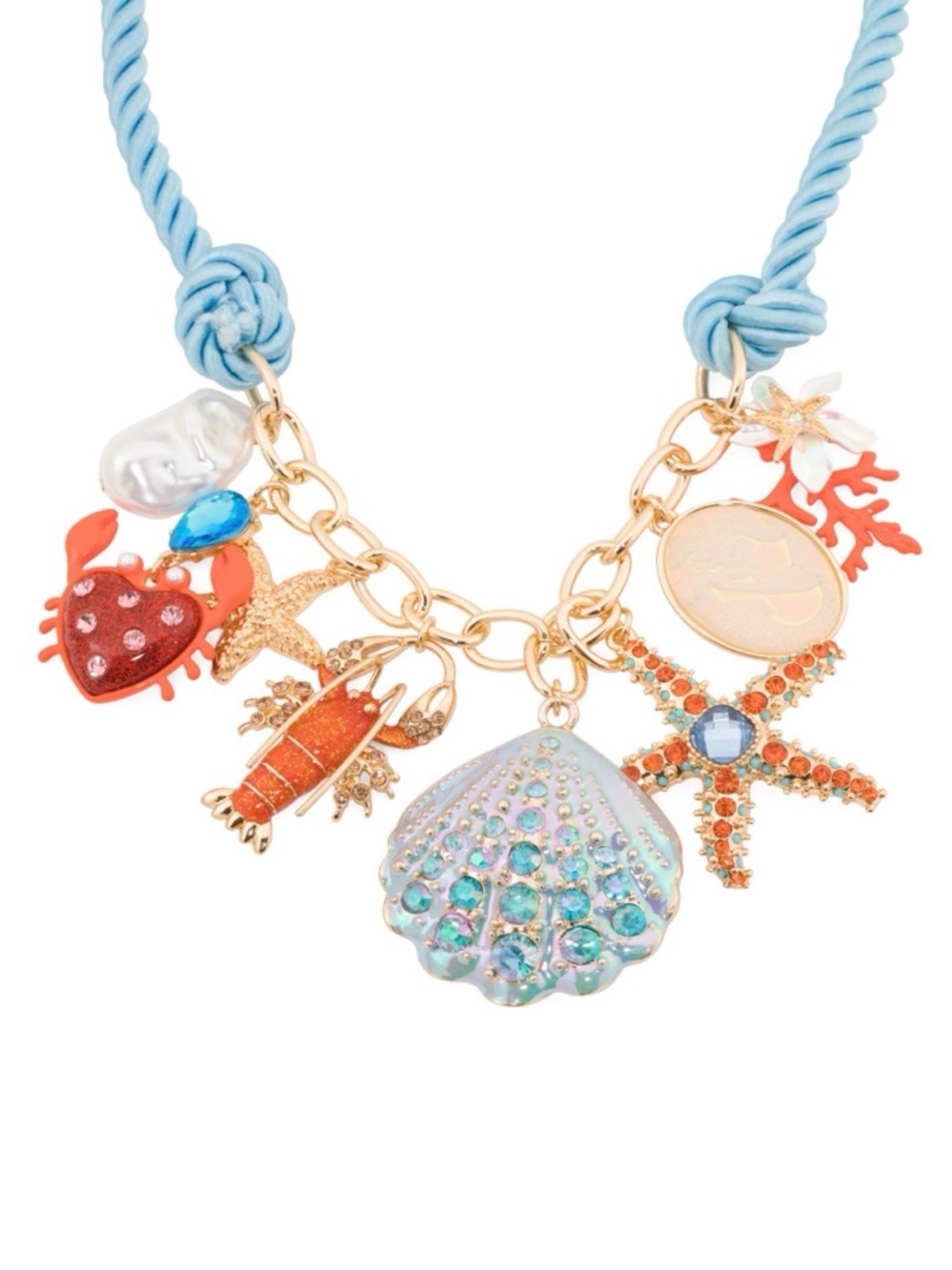 New Betsey Johnson Turquoise & Coral Seashell Charm Statement Necklace